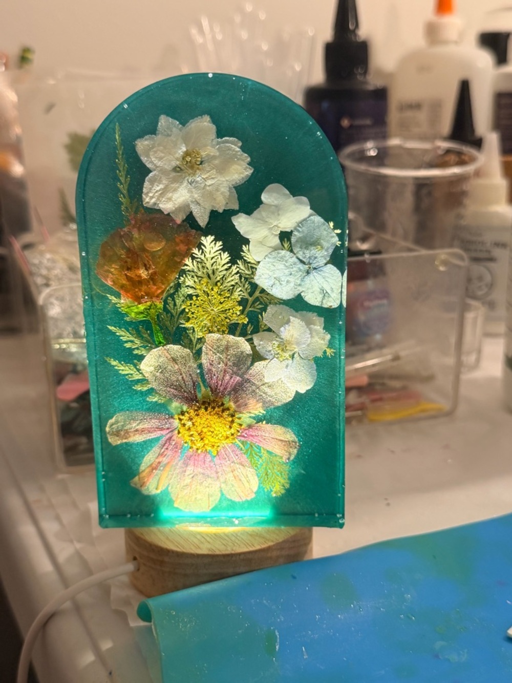 Pressed Flower Resin Night Light - Teal Floral Accent
